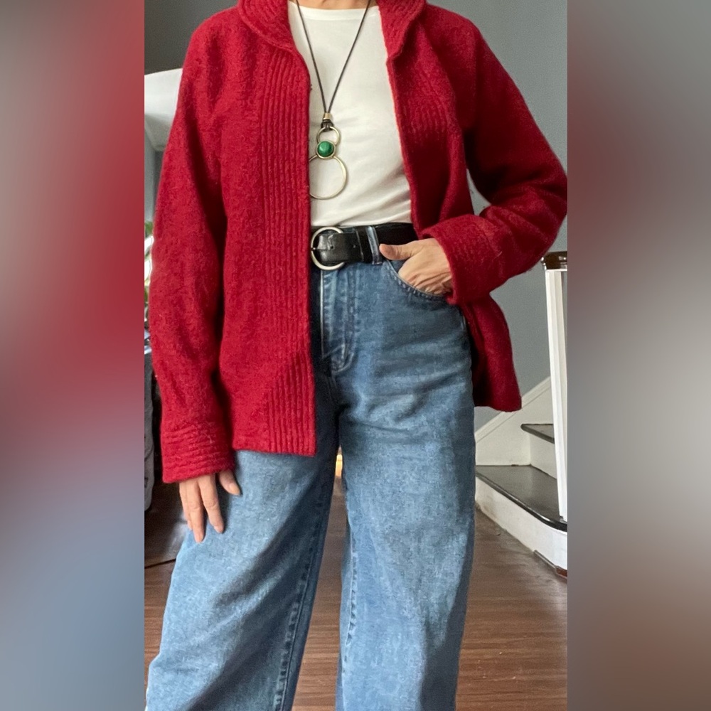 Red cardigan by Alexandra Bartlett